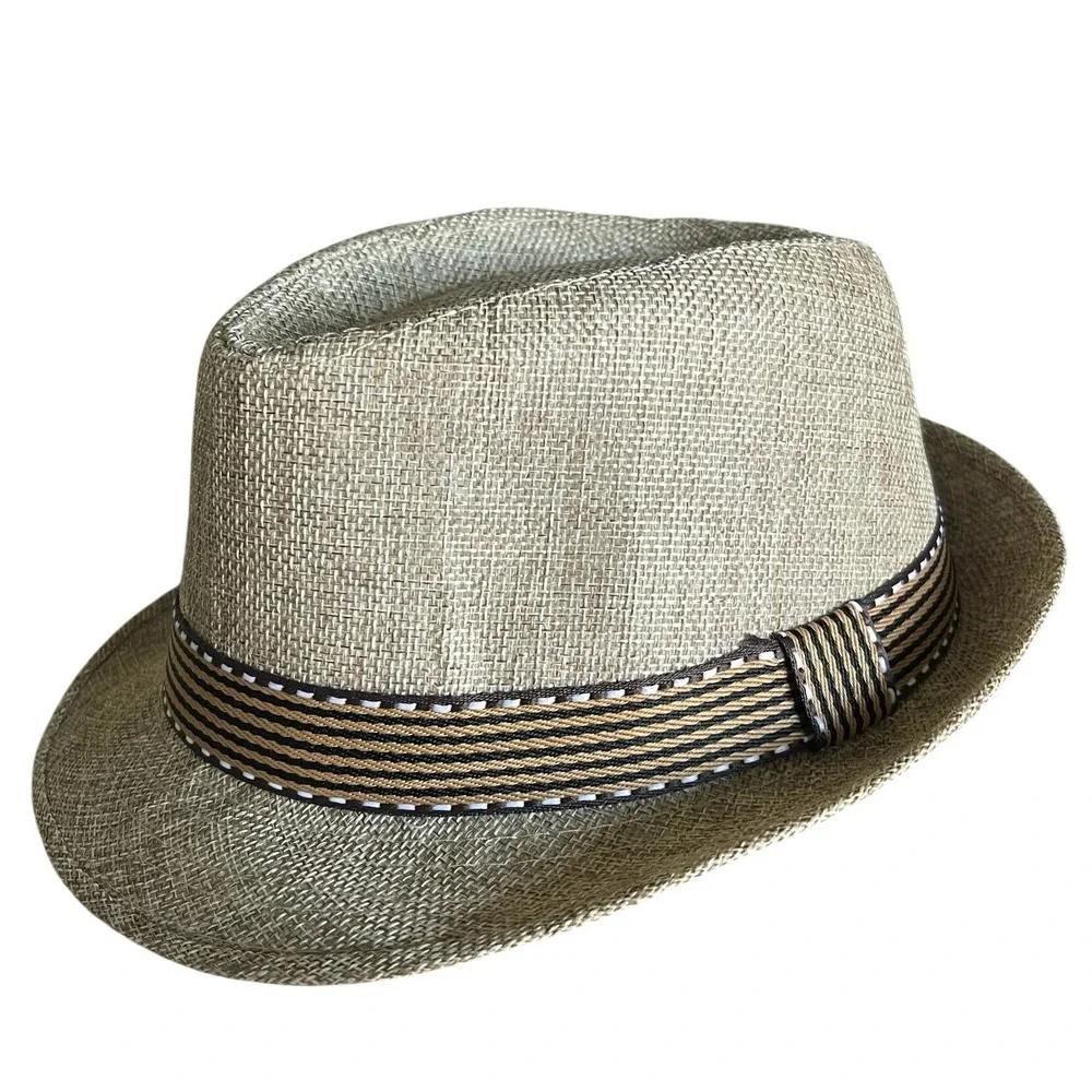 Kids Tan‎ Woven Fedora Hat Striped Band Size 54 Summer Trilby Sun Hat